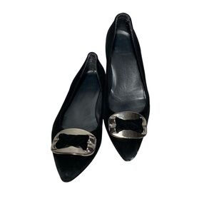 Stuart Weitzman Black Suede Heels with Silver Buckle Sz-6